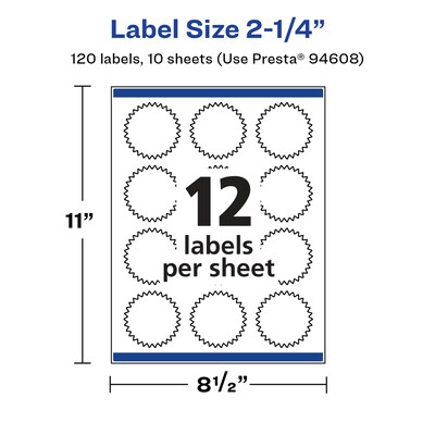 Avery Laser/Inkjet Multipurpose StarburstLabels, 2.25" Dia, Glossy White, 120/Pack (94608)