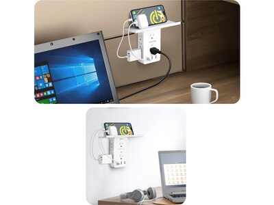 Overtime Wall Outlet Shelf, 8 Outlets and 3 USB Ports, Surge Protector, White (OTWP8O3USB)