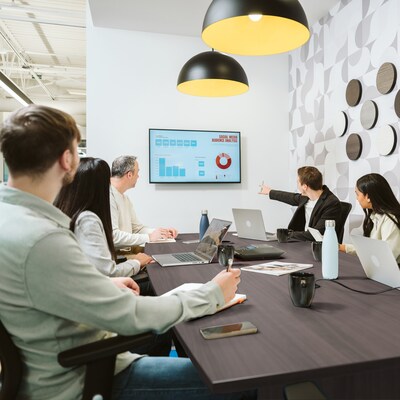 Bush Business Furniture 96"W x 42"D Boat Shaped Conference Table With Grommets, Storm Gray (99TB9642SGK)