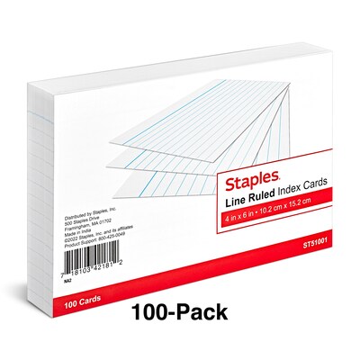 Staples 4" x 6" Index Cards, Lined, White, 100/Pack (TR51001)