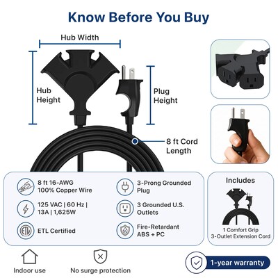 Uncaged Ergonomics Comfort Grip 3-Outlet Extension Cord, 8 ft, Black (CGEC-Black)