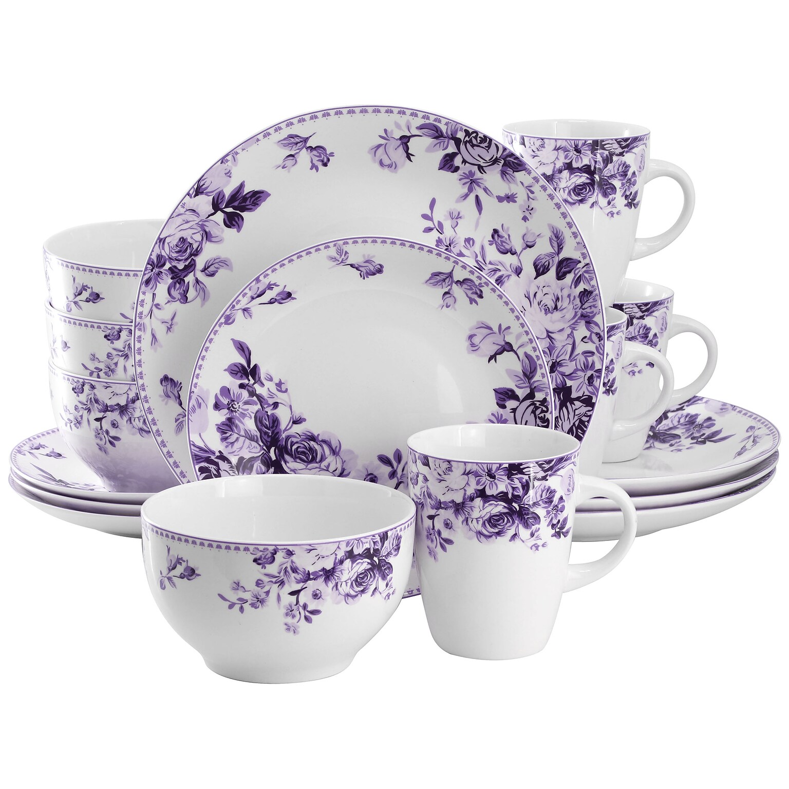 Elama Traditional Rose Stoneware Dinnerware Set, Purple, 16 Piece (935121712M)