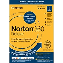 Norton 360 Deluxe & Utilities Ultimate Bundle for 5 Devices, Windows/Mac/Android/iOS, Download (2142