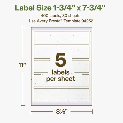 Avery Hemp Rectangle Laser/Inkjet Multipurpose Labels, 1-3/4" x 7-3/4", Off-White (400/Box)