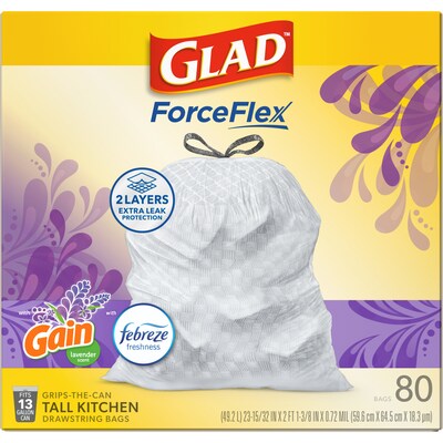 Glad ForceFlex Tall 13 Gallon Drawstring Kitchen Trash Bag, Gain Lavender with Febreze Freshness, White, 80 Total Bags (78533)