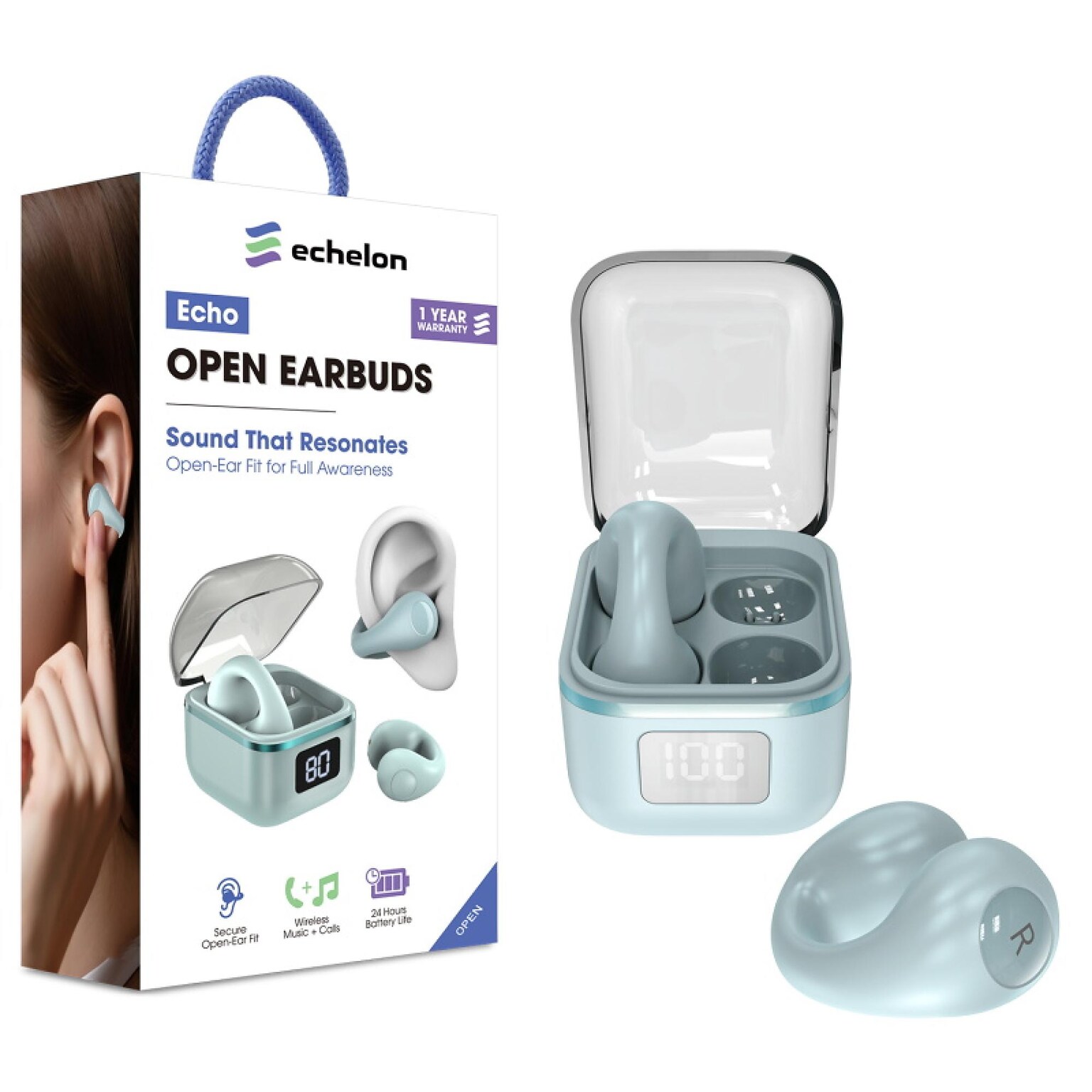 echelon Echo Open Earbuds True Wireless Open-Ear Clip-On Design, IPX5 Water Resistant Blue