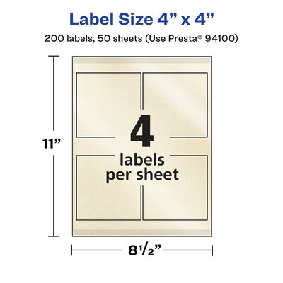 Avery Laser/Inkjet Square Pearlized Labels, 4" x 4", Ivory, 200 Labels/Box (94100)