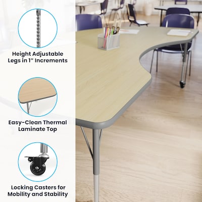 Flash Furniture Wren Kidney Activity Table, 96" x 48", Height Adjustable, Light Natural Top/Silver Frame (XUA4896KDLNTAC)
