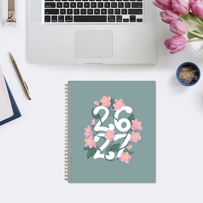 2026-2027 Blue Sky Vineyard 8" x 10" Academic Year Daily & Monthly Planner, Plastic Cover, Green/Pink (157559)