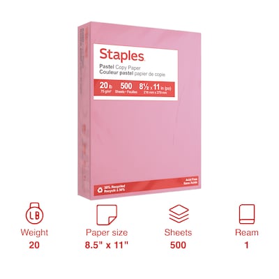 Staples Pastel 30% Recycled Color Copy Paper, 20 lbs., 8.5" x 11", Pink, 500/Ream (14779)