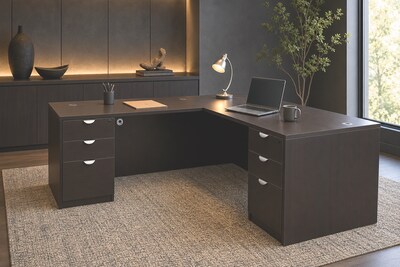 Boss Office Products 71" L-Shaped Desk with Dual File Pedestals, Mocha (GROUPA11-MOC)