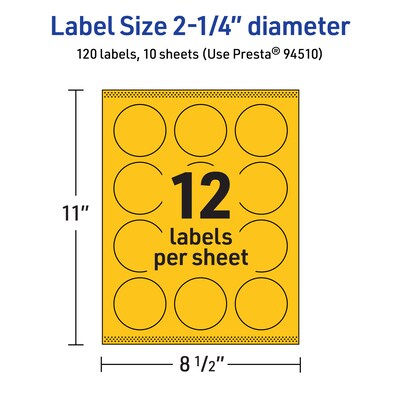 Avery Laser/Inkjet Round Multipurpose Labels, 2.25" Dia., Bright Yellow, 120/Pack (94510)