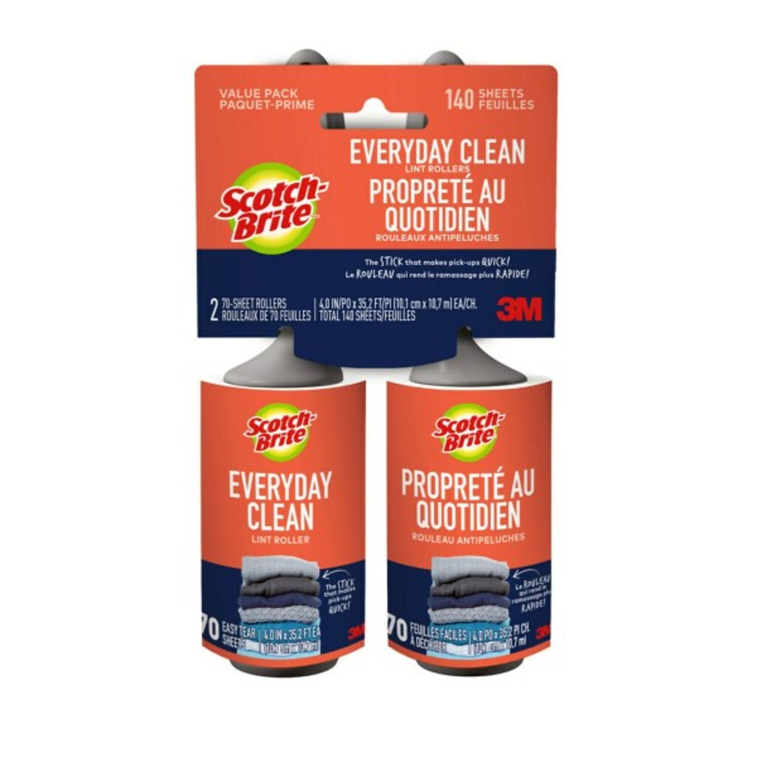 Scotch-Brite Everyday Clean Lint Remover, White, 70 Sheets/Roll, 2 Rolls/Pack (836RS-70TP/60TP)