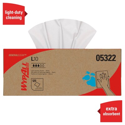 WypAll GeneralClean L10 Cleaning Towels, 12" x 10.5", White, 125 Sheets/Box, 18 Boxes/Carton (05322)