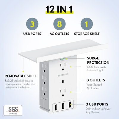 Overtime Wall Outlet Shelf, 8 Outlets and 3 USB Ports, Surge Protector, White (OTWP8O3USB)