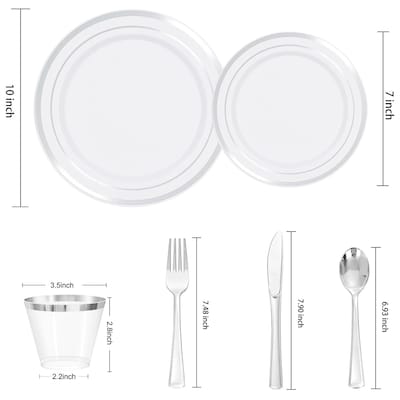 Round Elama Plastic Dinnerware Set, White/Silver, 150 Piece (935124339M)