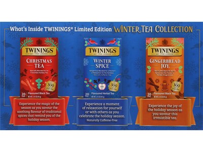 Twinings Limited Edition Winter Tea Collection Gift Box, 20 Tea Bags/Box, 3 Boxes/Pack (F16399)