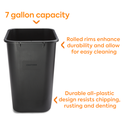 Coastwide Professional™ Indoor Trash Can Without Lid, Black Soft Molded Plastic, 7 Gallon (CW56429)