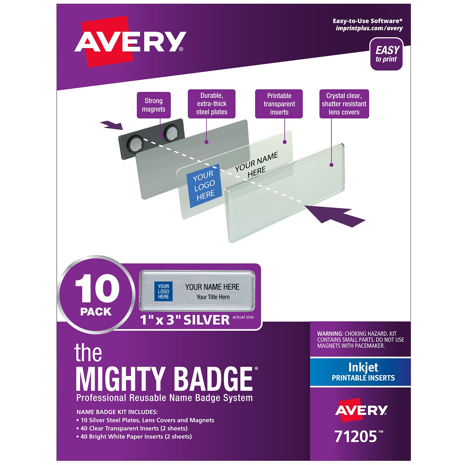Avery The Mighty Badge Inkjet Reusable  Magnetic Name Badge System, 1 x 3, Silver, 80 Inserts, 10/Pack (71205)