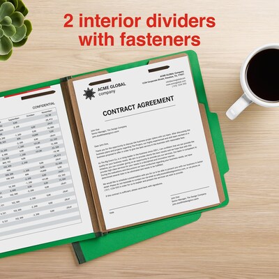 Staples 100% Recycled Heavy Duty Classification Folder, 2-Dividers, 2" Expansion, Letter Size, Green, 10/Box (ST62561)