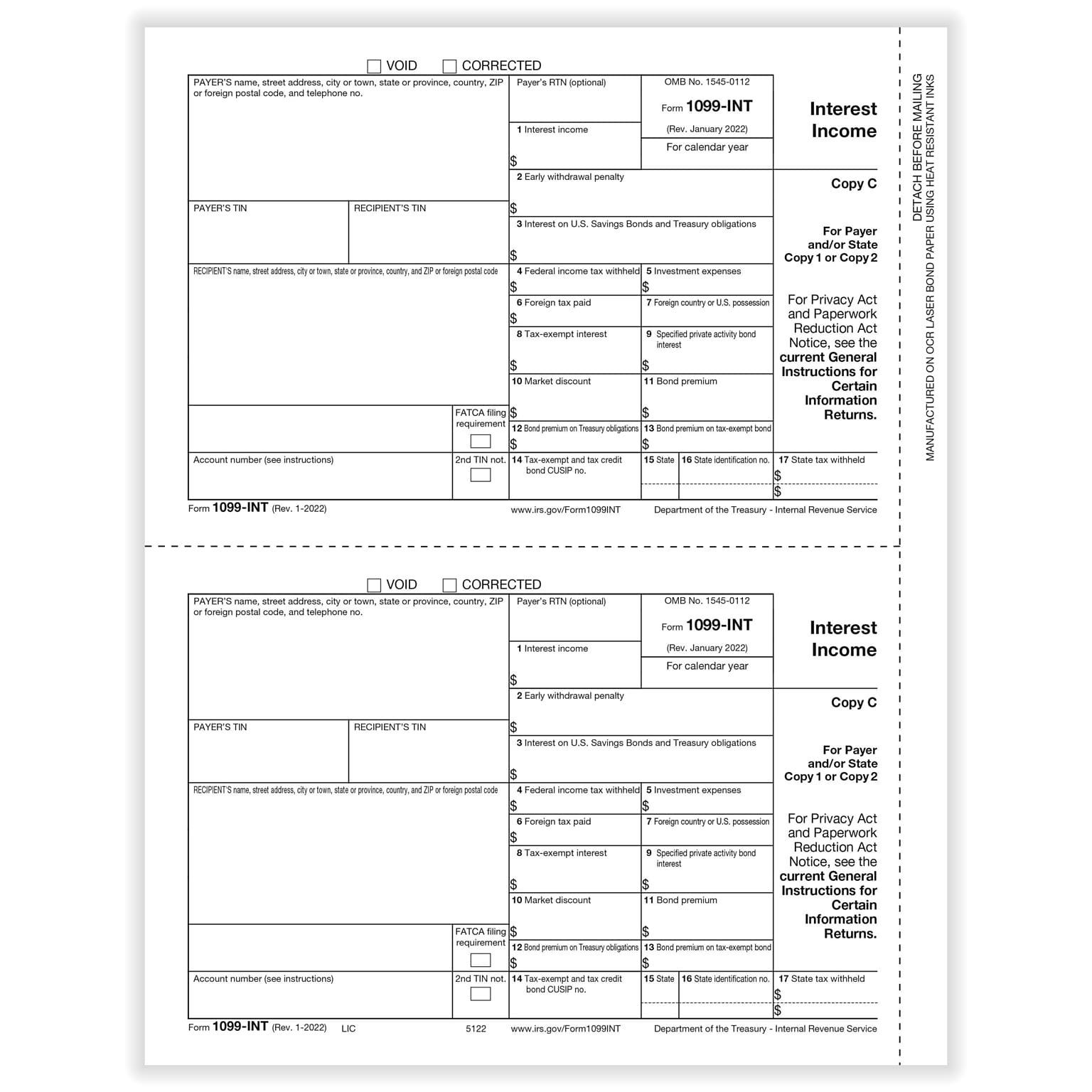 ComplyRight® 2023 1099-INT Tax Form, Payer Copy C and/or State, 2-Up, 50/Pack (512250)