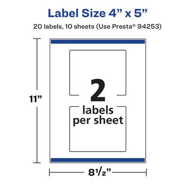 Avery Laser/Inkjet Rectangle Waterproof Multipurpose Labels, 5" x 4", White, 20/Pack (94253)