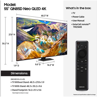 Samsung Neo QN85D 55” Smart QLED 4K UHD AI Enabled TV (QN55QN85DBFXZA)