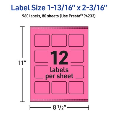 Avery Rectangle Laser/Inkjet Multipurpose Labels, 1-13/16" x 2-3/16", Bright Pink (960/Box)