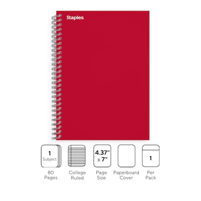 Staples Premium 1-Subject Notebook, 4.38" x 7", College Ruled, 80 Sheets, Red (TR58349)