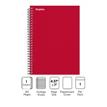 Staples Premium 1-Subject Notebook, 4.38 x 7, College Ruled, 80 Sheets, Red (TR58349)