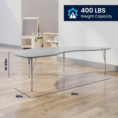 Flash Furniture Wren Kidney Activity Table, 96" x 48", Height Adjustable, Gray Top/Silver Frame (XUA4896KDGYTP)