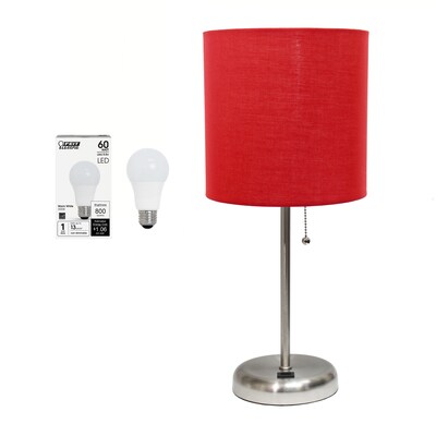 Creekwood Home Oslo 19.5" LED Table Lamp with USB Port, Brushed Steel/Red Shade (CWT-2012-RE-LB)