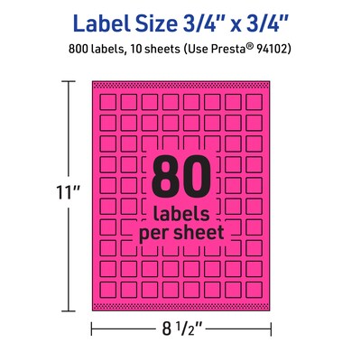 Avery Laser/Inkjet Square Multipurpose Labels, 0.75" x 0.75", Neon Magenta, 800/Pack (94102)