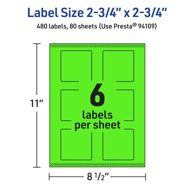 Avery Square Multipurpose Labels, 2.75" x 2.75", Neon Green, 480/Box (94109)