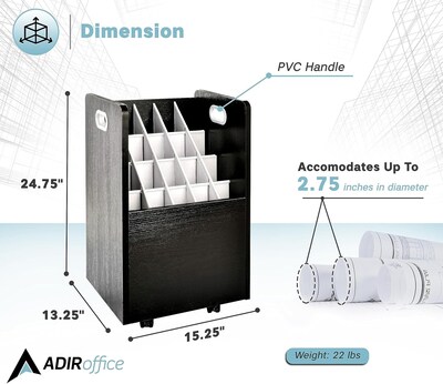 AdirOffice 20-Slot Mobile Roll File, Lockable, 24.75 H x 15.25 W x 13.25 D, Black (624-BLK-KIT1)