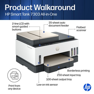 HP Smart Tank 7303 Wireless All-in-One Supertank Printer, Up to 3 Years of Ink Included (9B5D0A)