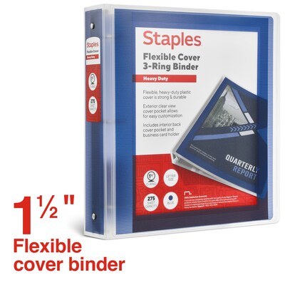 Staples Heavy Duty 1 1/2 3-Ring Flexible Poly Binders, Blue (ST62616)