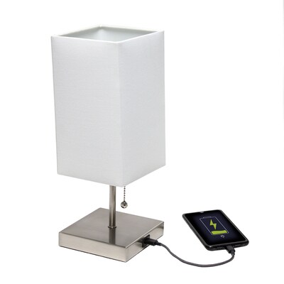 Simple Designs Petite Stick Lamp with USB Charging Port and Fabric Shade, White (LT1087-WHT)