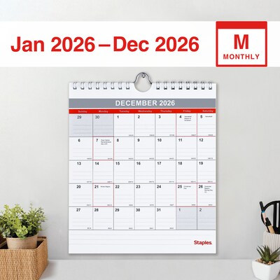 2026 Staples 6.5 x 7.5 Monthly Wall Calendar, Red/White/Gray (ST53923-26)