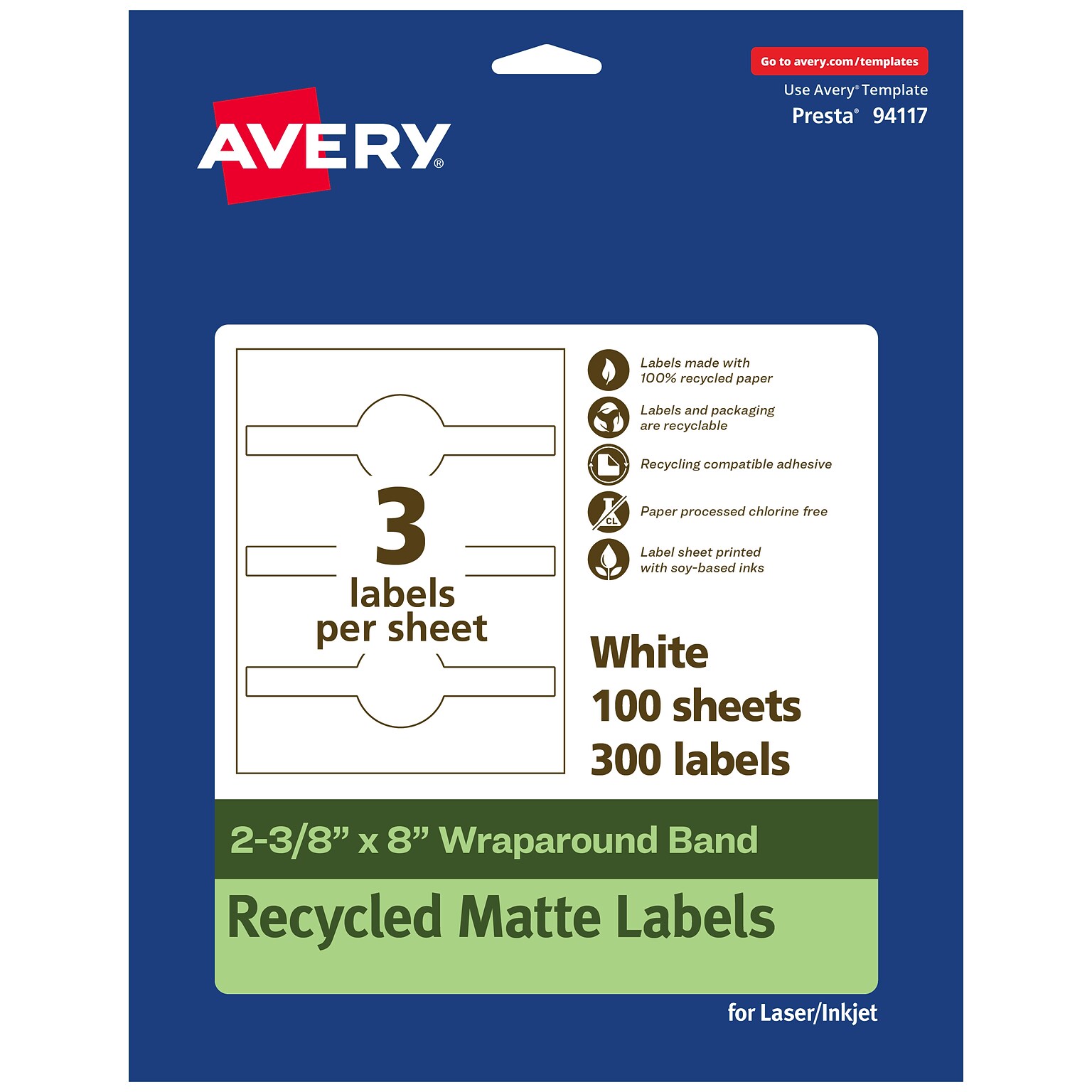 Avery EcoFriendly Laser/Inkjet Decorative Edge Multipurpose Labels, 2-3/8 x 8, White, 300/Box (94117)