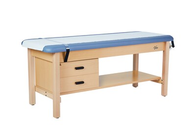 Aristo Wood H-Brace Physician Exam Table with Shelf, 2 Drawer Cabinet, Paper Cutter, Holder, 500lbs. Capacity, Blue