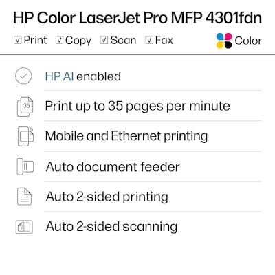 HP Color LaserJet Pro LJP 4301fdn Color Laser Printer, All-In-One, Print, Scan, Copy, Fax (4RA81F)