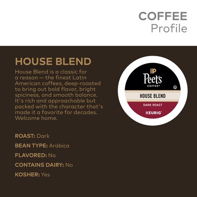 Peet's Coffee House Blend Coffee Keurig® K-Cup® Coffee Pods, Dark Roast, 22/Box (6546)