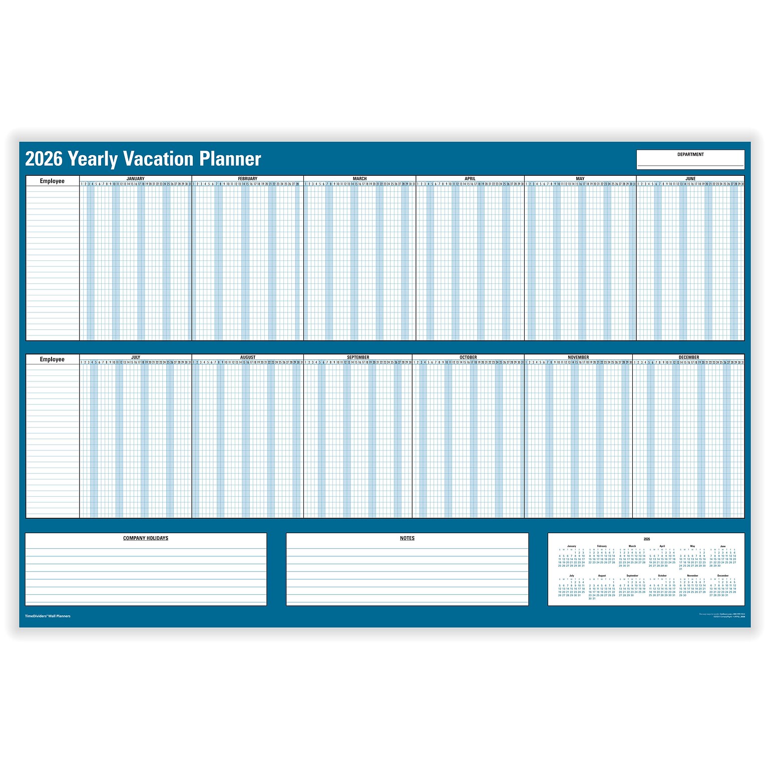 2026 ComplyRight 36 x 24 Yearly Dry Erase Wall Calendar, Vacation, Blue/White (J1712)