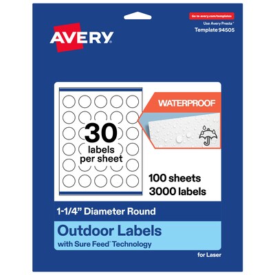 Avery Round Laser Multipurpose Labels, 1.25 Dia., White, 3000/Box (19479399423)