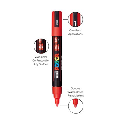 POSCA PC-5M Water Based Paint Marker, Medium Bullet Tip, Red, 3/Pack (UBCPC5MRED-3)