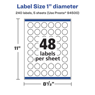 Avery Laser/Inkjet Round Multipurpose Labels, 1" Dia., White, 240 Labels/Pack (94500)