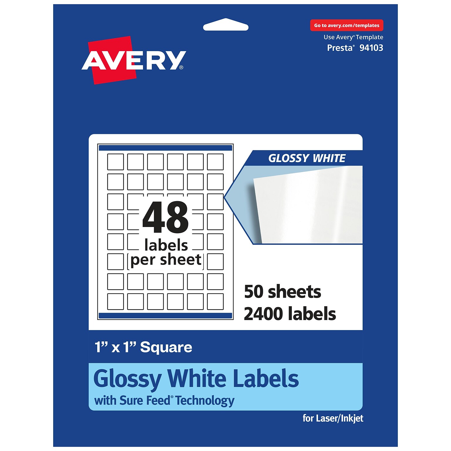 Avery Laser/Inkjet Square Labels, 1 x 1, Glossy White, 2,400 Labels/Box (94103)