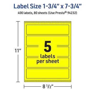 Avery Laser/Inkjet Rectangle Multipurpose Labels, 1.75" x 7.75", Neon Yellow, 400/Box (94232)
