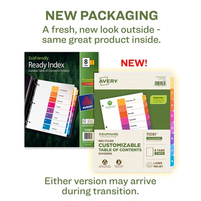 Avery Ready Index Table of Contents EcoFriendly Paper Dividers, 1-8 Tabs, Multicolor, 3 Sets/Pack (11081)